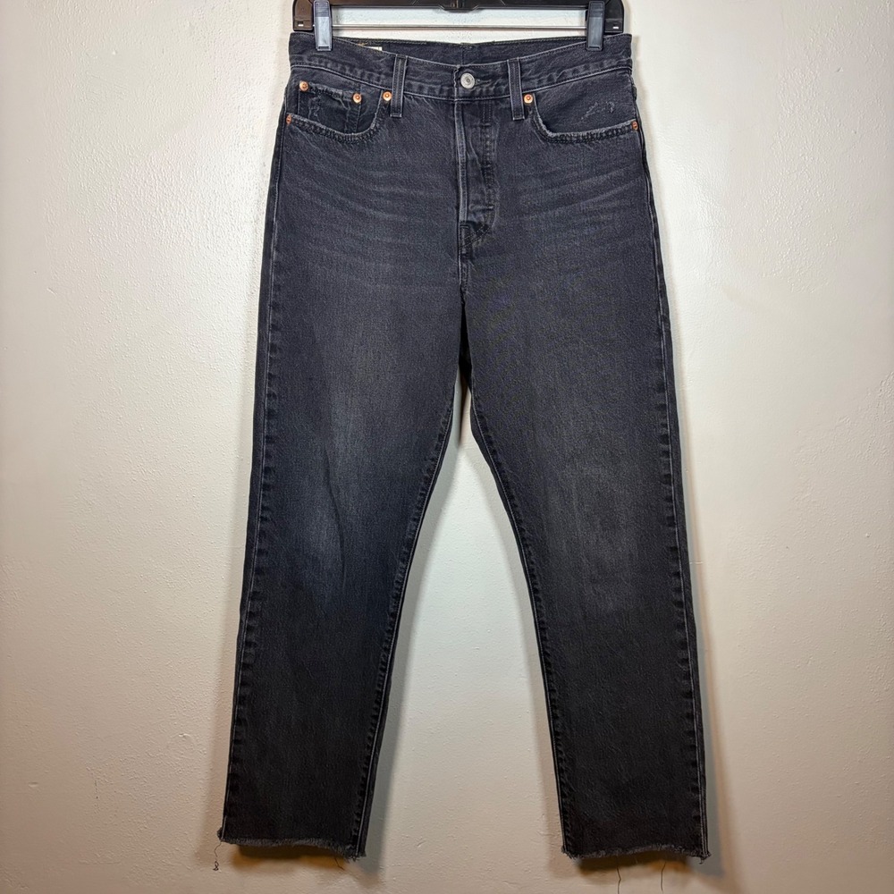Levis 501 Original Fit Jeans Womens Washed Black Button Fly Straight Leg Raw Hem